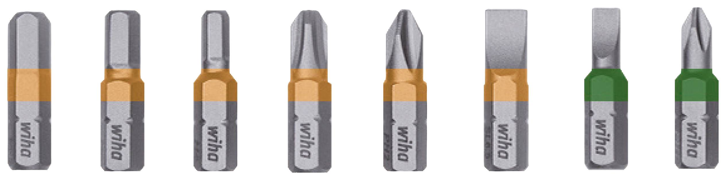 Huit embouts de tournevis différents alignés, certains avec un marquage orange, d'autres avec un marquage vert. Types : à fente et cruciforme.