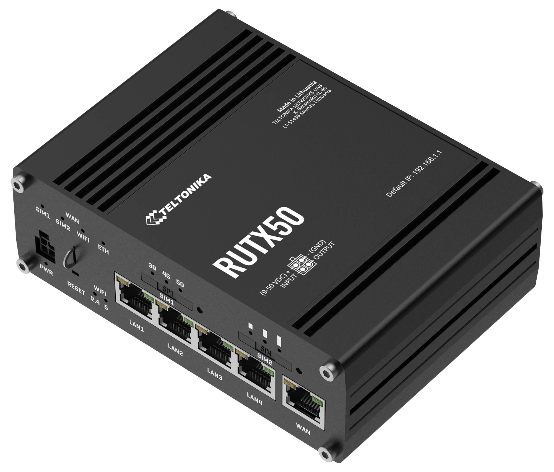 Black Teltonika RUTX50 industrial router with multiple Ethernet ports and status LEDs on a white background.