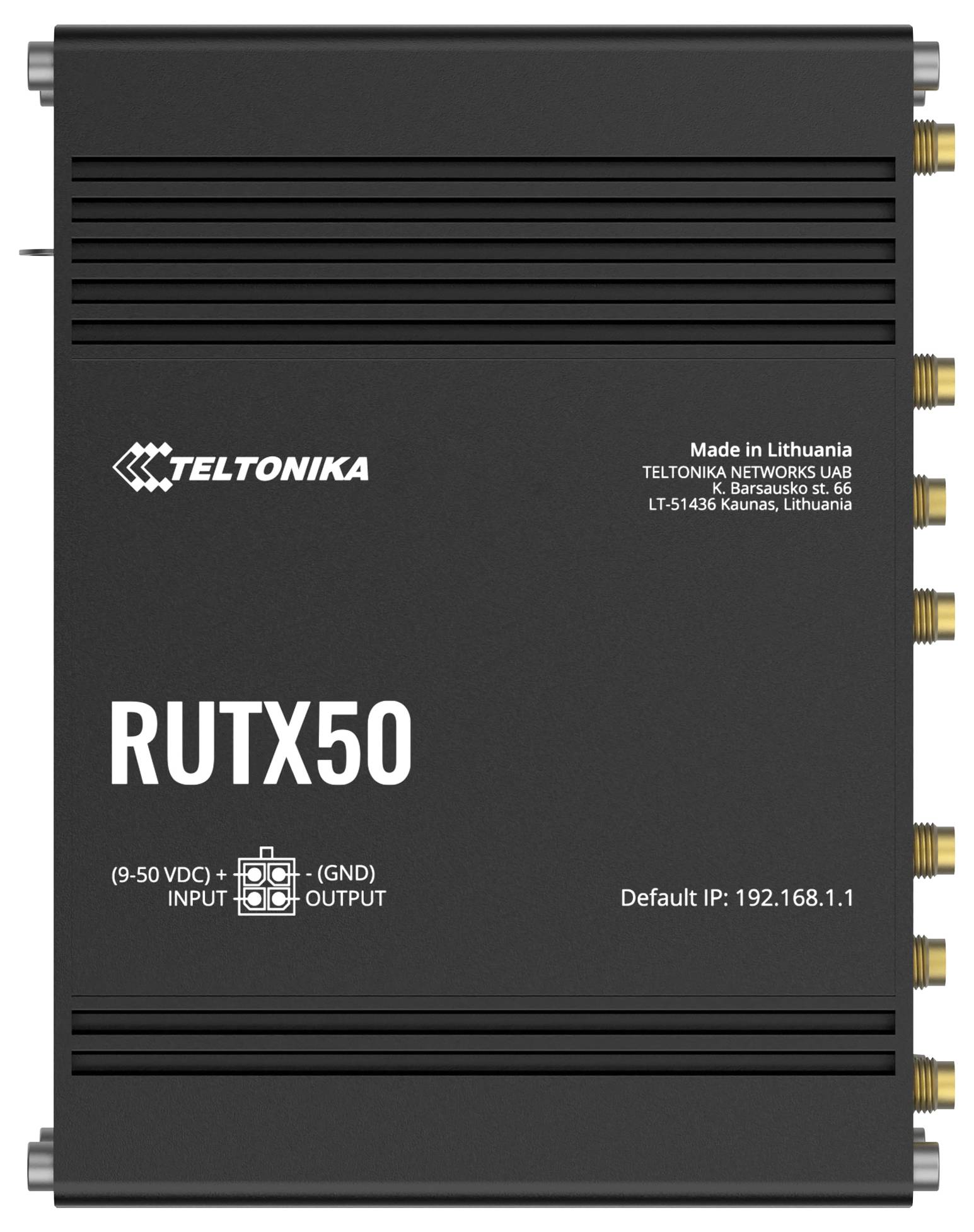 Photo of a Teltonika RUTX50 industrial router, with model name, default IP 192.168.1.1, power input/output labels, and multiple side antenna ports.