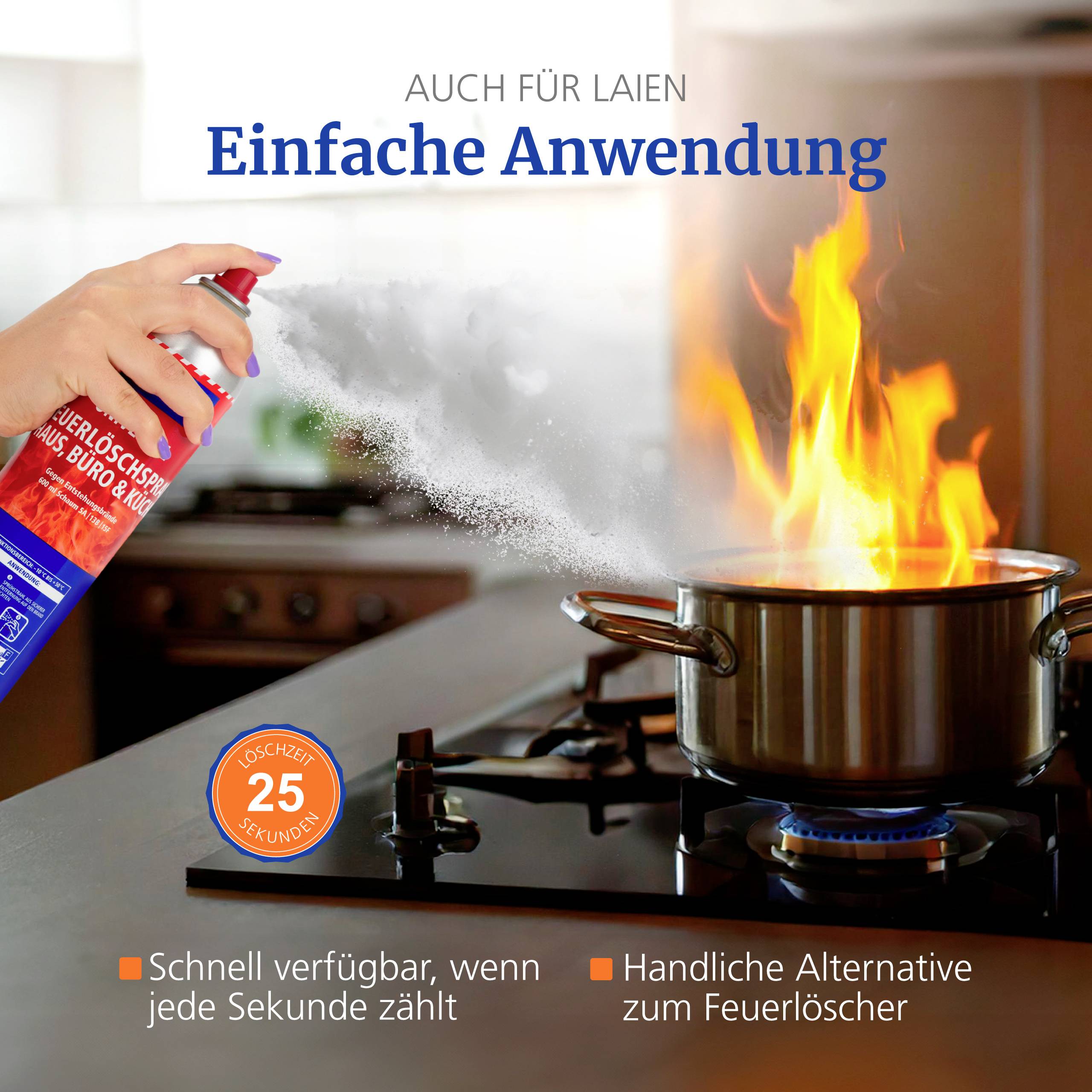 Utilisation d'un spray extincteur sur une casserole en feu sur une cuisinière, avec le texte 'Simple pour les novices' et 'Alternative pratique à l'extincteur' dans la cuisine.