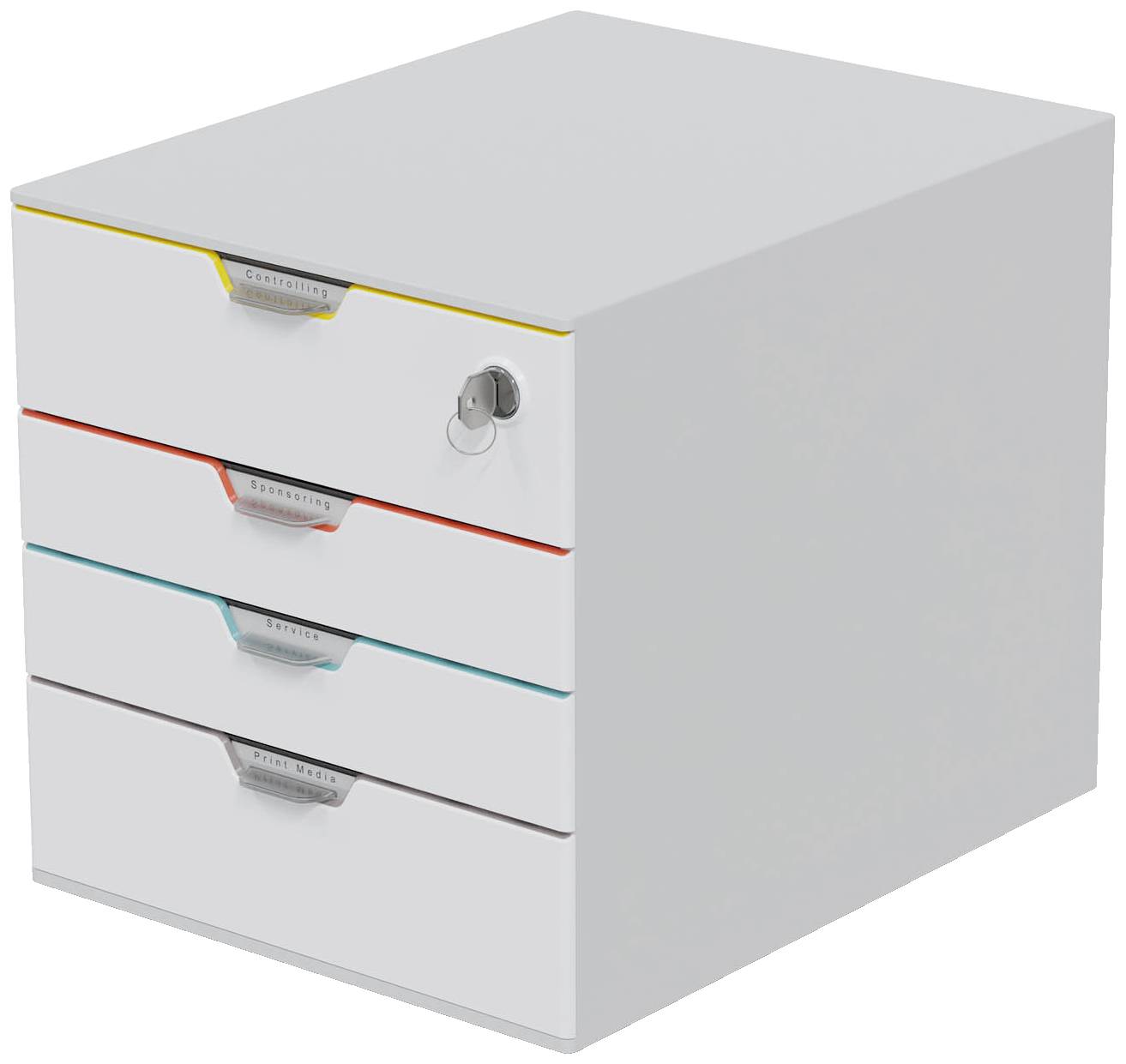Un meuble à tiroirs blanc avec quatre tiroirs de couleurs différentes et une serrure sur le côté.
