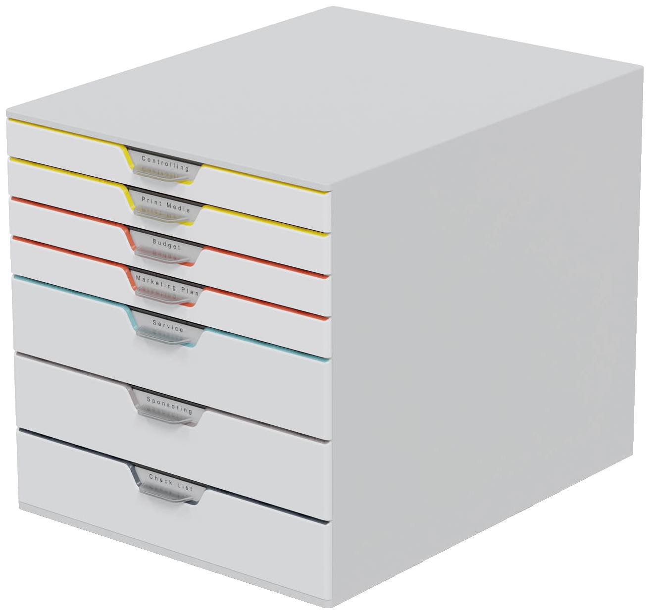 Une étagère grise à tiroirs avec six tiroirs de couleurs différentes, étiquetés 'Créativité', 'Médias imprimés', 'Budget', 'Plan de réunion', 'Fournitures', 'Liste des clients'.