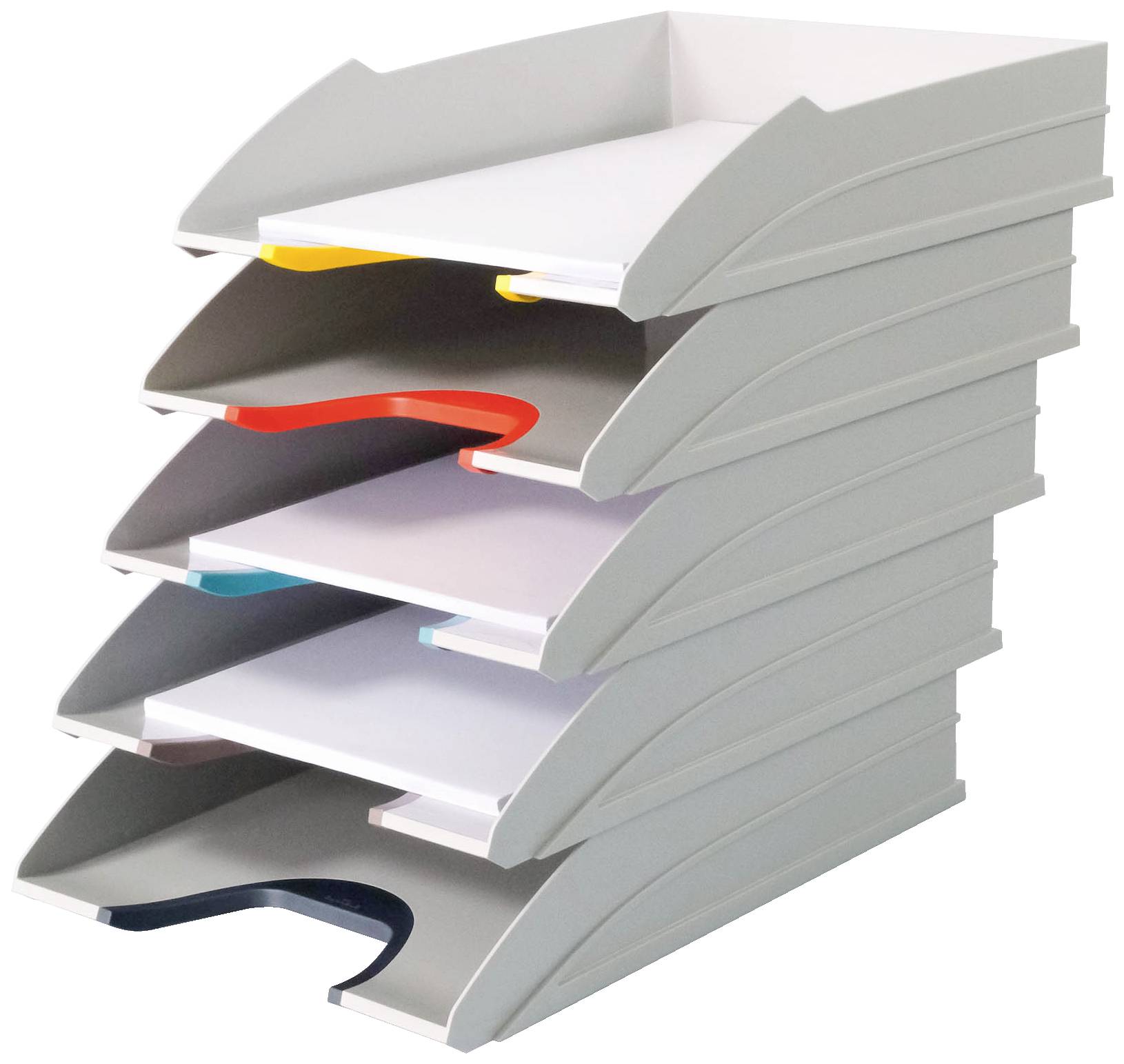 Une pile de classeurs gris avec des bords colorés, chacun rempli de papiers de couleurs différentes, organisés du haut vers le bas.