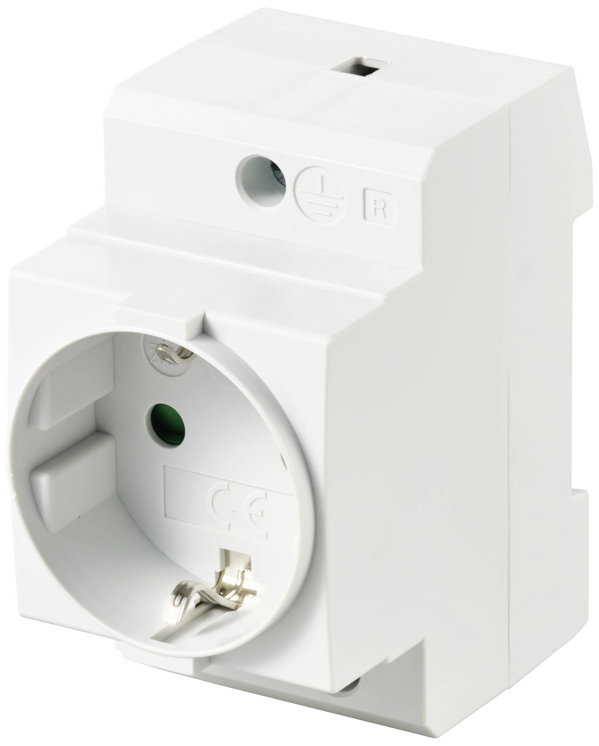 Une prise électrique blanche murale, adaptée pour une utilisation dans les installations électriques, avec une connexion de terre.
