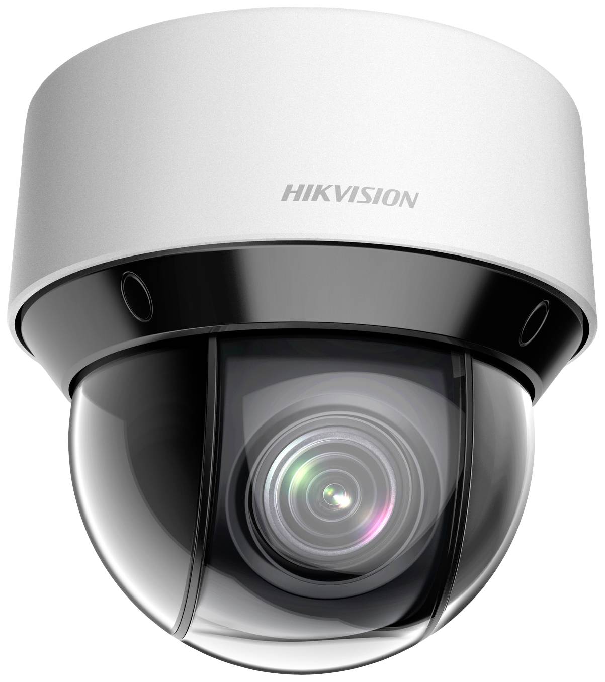 Une caméra de surveillance avec un boîtier noir et argenté, marquée 'Hikvision'. Elle présente un objectif lumineux.
