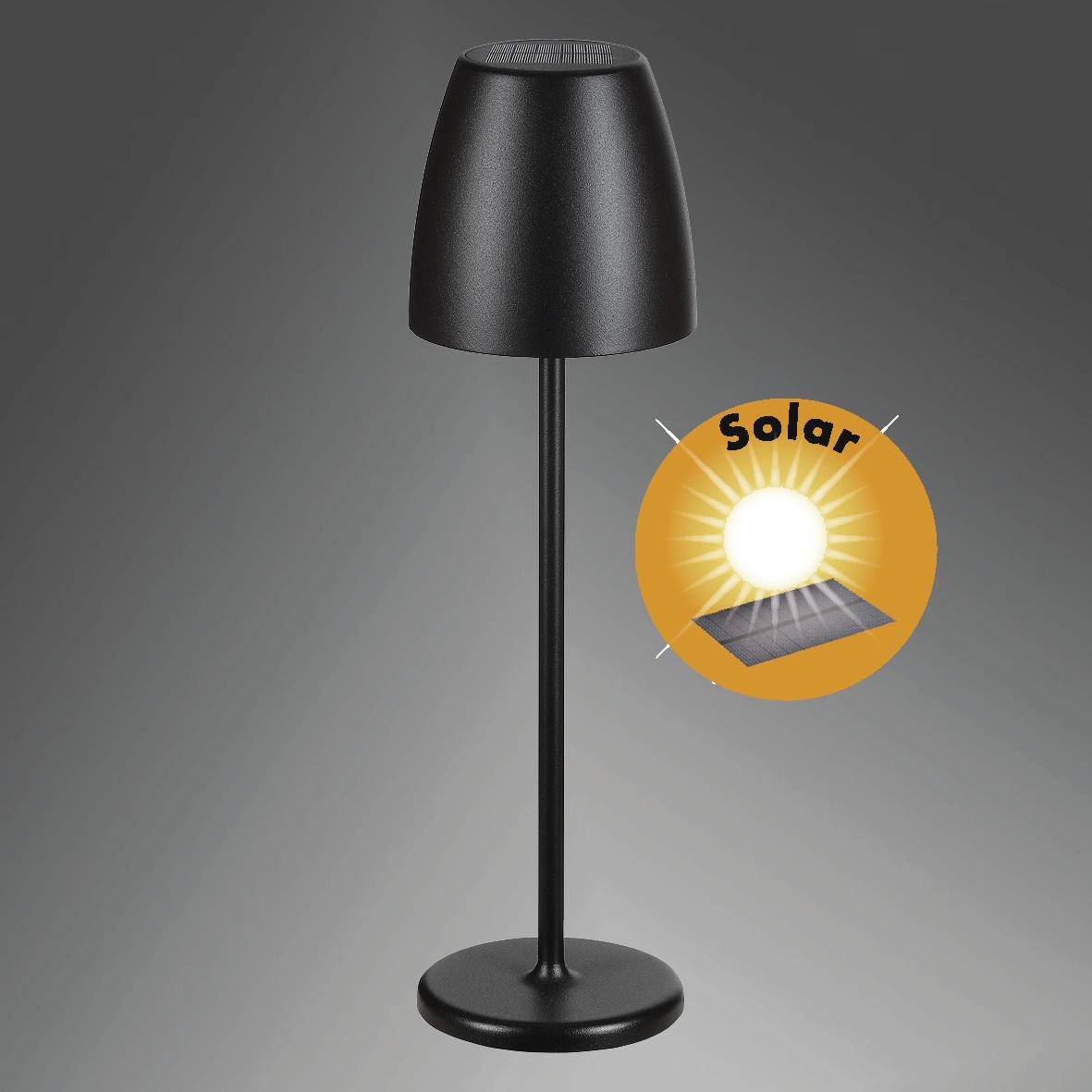 Lampe de table noire avec un badge de panneau solaire indiquant une technologie solaire écologique.