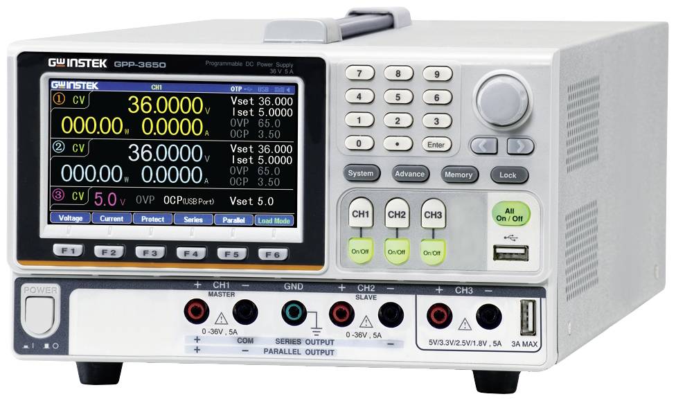 Un dispositif d'alimentation de laboratoire multicanal avec un affichage numérique, capable d'indiquer des tensions allant jusqu'à 36 V. Il dispose de plusieurs connexions et éléments de commande.