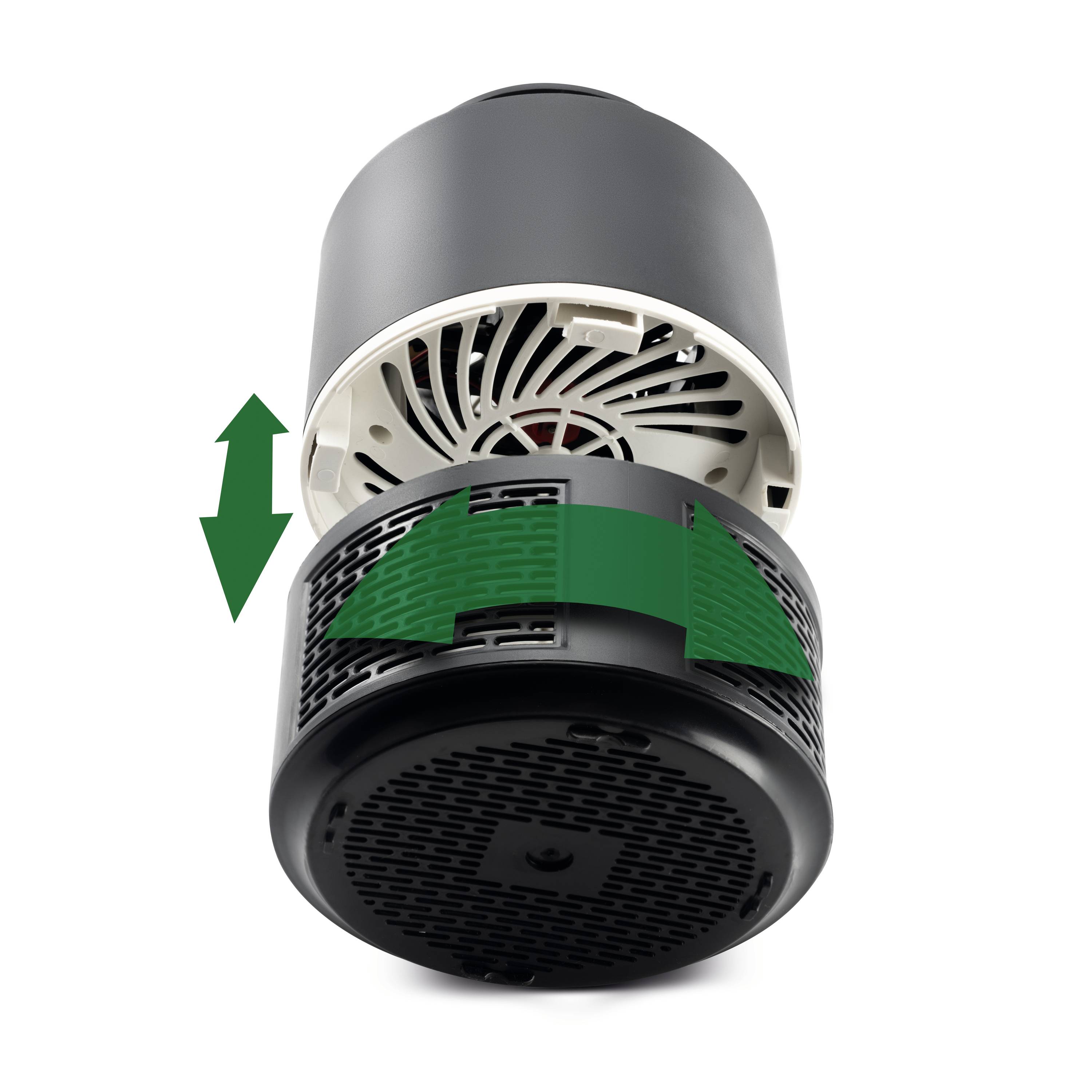 Purificateur d'air avec la partie inférieure retirée, montrant un mouvement rotatif. Les flèches vertes illustrent le sens de rotation du filtre.