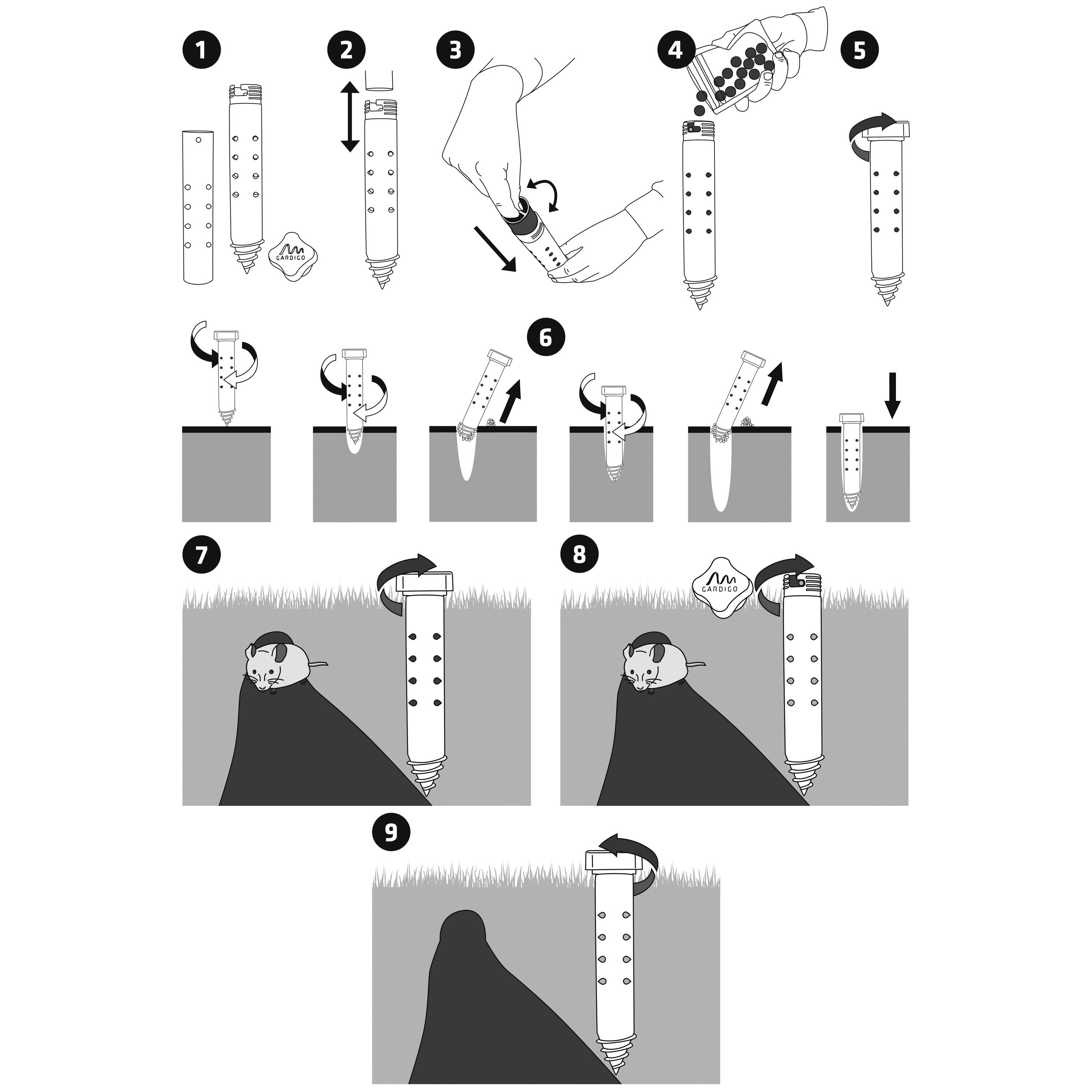 Instructions pour piège à taupe : 1. Ouvrir le piège. 2. Placer l'appât. 3. Fermer le piège. 4. Enfoncer dans le sol. 5. Retirer la sécurité. 6-9. Positionnement et activation démontrés.