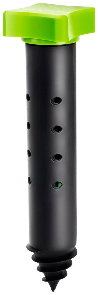 Testeur de sol noir avec poignée verte et trous pour l'aération du sol, adapté aux travaux de jardinage et à l'étude des sols.