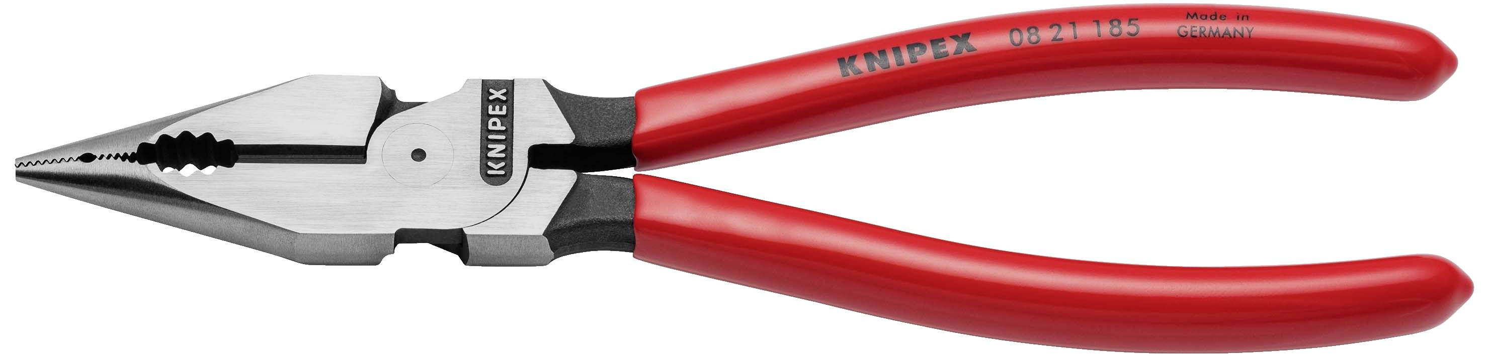 Pince coupante rouge avec tête argentée, utile pour saisir et couper des fils. Nom de marque 'Knipex' imprimé sur la poignée.