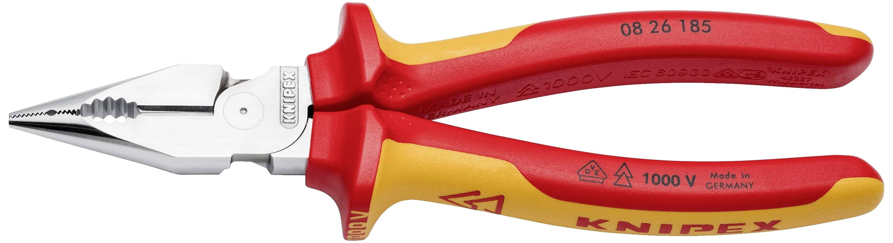Pince isolante rouge et jaune, adaptée aux travaux jusqu'à 1000 volts, avec pointe précise et poignée robuste.
