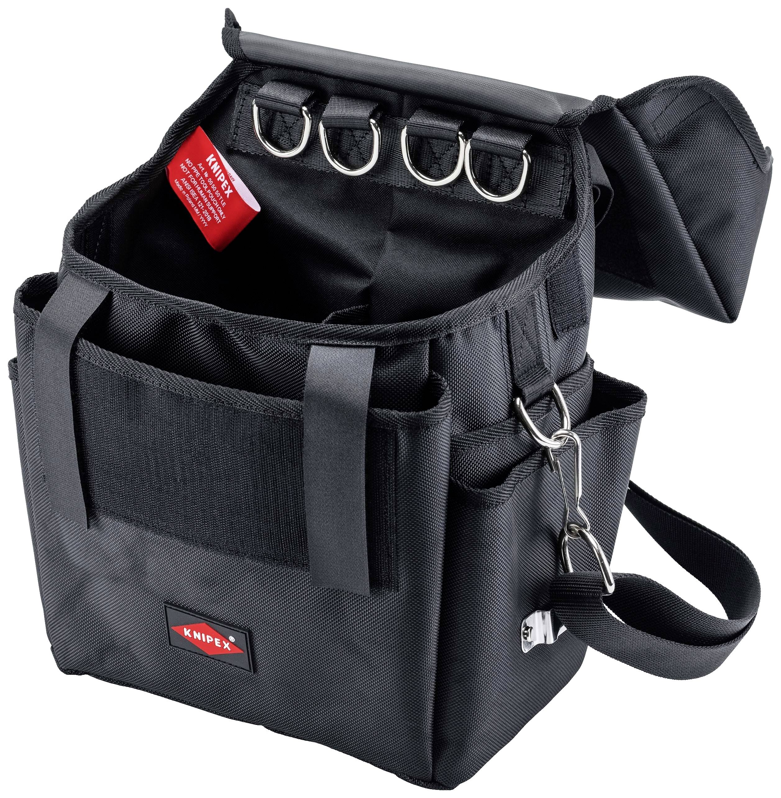 Un sac à outils noir avec plusieurs compartiments, des boucles pour les outils et une bandoulière. Présenté ouvert et vide.