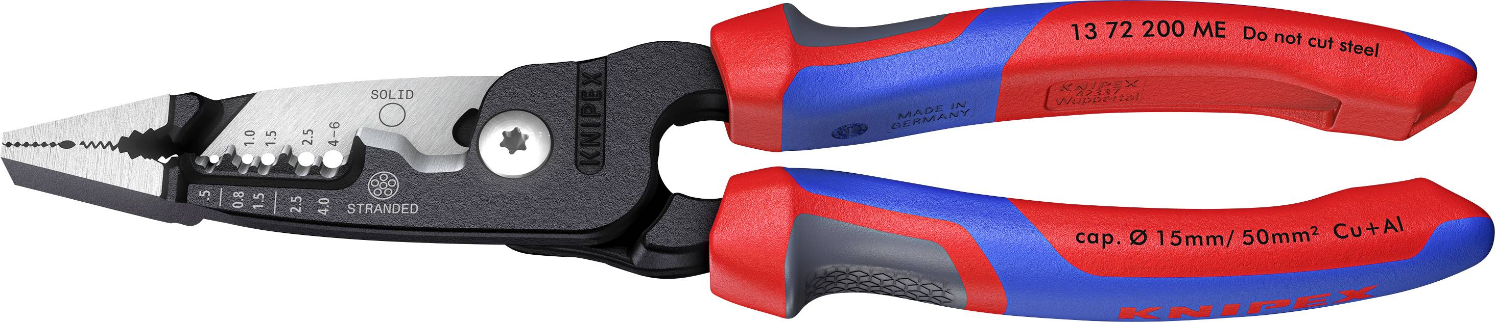 Une paire de pinces Knipex avec des poignées rouges et bleues, dotées de sections de coupe et dénudage de fils électriques, marquées avec des détails de taille et de matériau.