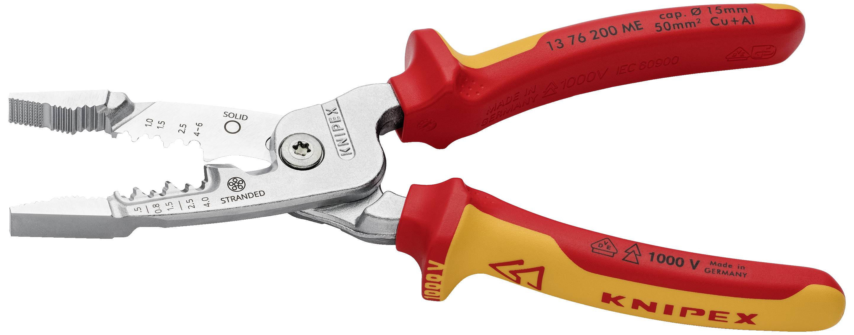 Pince multifonction Knipex, isolée rouge et jaune, adaptée aux travaux jusqu'à 1000V, coupe-câbles et préhension avec poignée antidérapante.