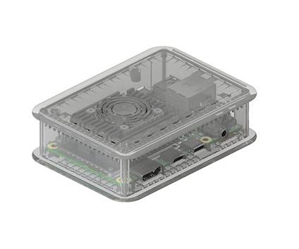Un boîtier transparent révèle un petit ordinateur avec sa carte mère et son ventilateur visibles. Des ports et des connecteurs sont identifiables sur le côté.