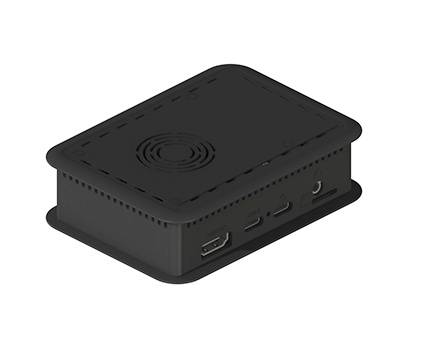 Un appareil électronique noir, rectangulaire, avec des fentes de ventilation et plusieurs connexions sur le côté.