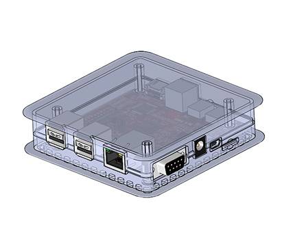 Un prototype de boîtier d'ordinateur transparent avec des ports et des connexions visibles, comprenant USB, Ethernet et interface série.
