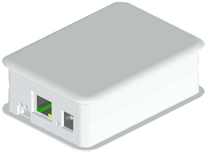 Un boîtier rectangulaire gris avec deux connexions sur un côté, probablement destiné à des composants électroniques ou à de l'équipement réseau.