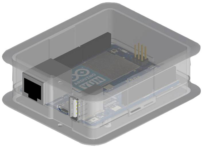 Une carte Arduino dans un boîtier transparent en plastique. Les connexions et les composants de la carte sont visibles.