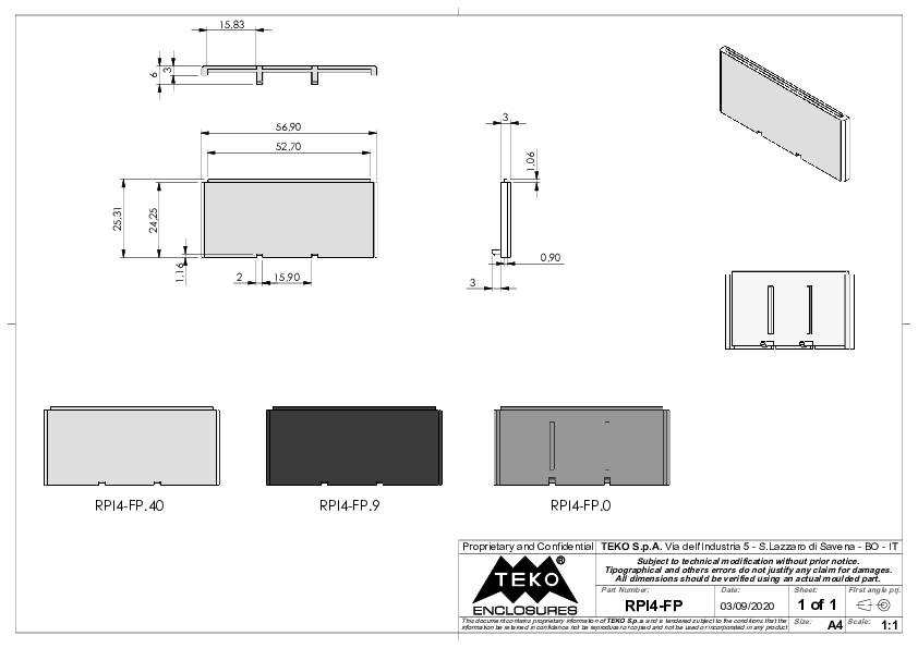 Dessin technique d'un boîtier rectangulaire 'RP14-FP'. Comprend les dimensions, les vues de face et de côté ainsi que des exemples de couleurs en gris et noir.