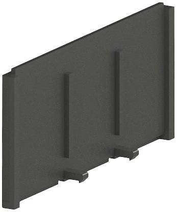Une pièce rectangulaire en plastique noir et gris avec deux nervures verticales. Elle semble être un composant mécanique ou technique.