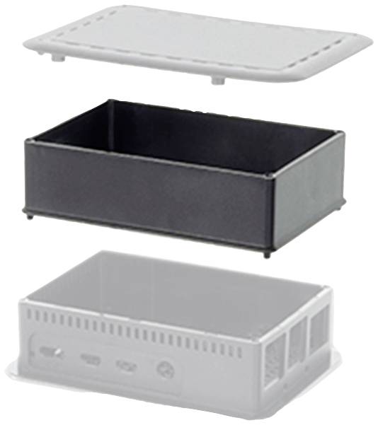 Vue éclatée d'un boîtier électronique rectangulaire avec couvercle, corps du boîtier et base, montrant comment les composants s'assemblent.