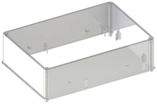 Boîte en plastique transparent, rectangulaire, sans contenu visible.