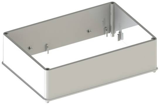 Boîtier rectangulaire en plastique sans couvercle, renforcé par des supports métalliques aux angles et doté de supports internes pour composants électriques.