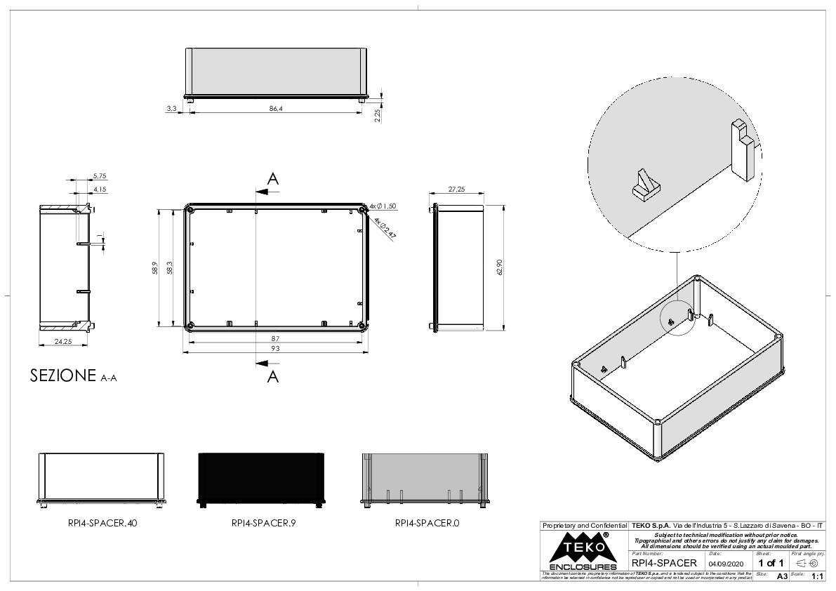 Dessin technique d'un boîtier rectangulaire avec dimensions, vues et détails de supports d'espacement dans différentes couleurs.