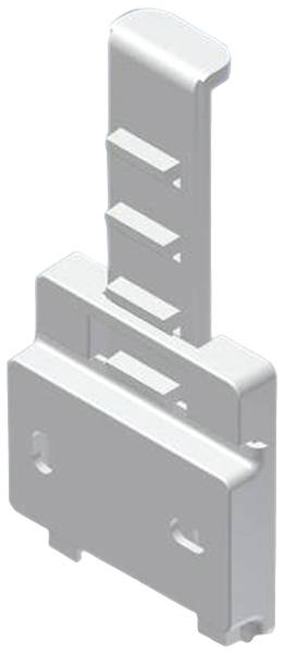 Une pièce en plastique grise avec une languette verticale à gradins et une base rectangulaire, probablement un composant d'accessoires de montage.