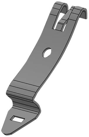Un agrafe métallique grise, courbée, avec trois fentes et un trou au centre. Utilisée pour fixer des matériaux.