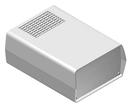 Boîte rectangulaire blanche en métal avec une grille de ventilation en haut ; probablement un boîtier électrique ou électronique.