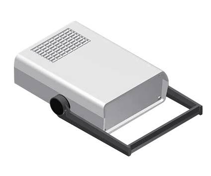 Appareil gris, rectangulaire, avec une grille de ventilation en haut et une poignée noire sur le côté.