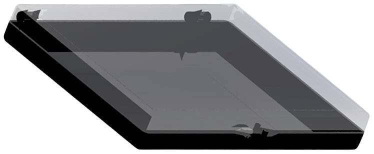 Un objet hexagonal transparent en représentation 3D, possiblement un composant technique ou un boîtier avec un intérieur sombre.