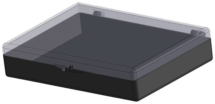 Un boîtier noir rectangulaire avec un couvercle transparent. Il dispose de deux petites charnières discrètes sur un côté.