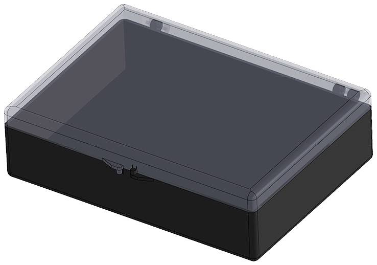 Boîtier noir rectangulaire avec un couvercle transparent, sans inscriptions ni symboles visibles.