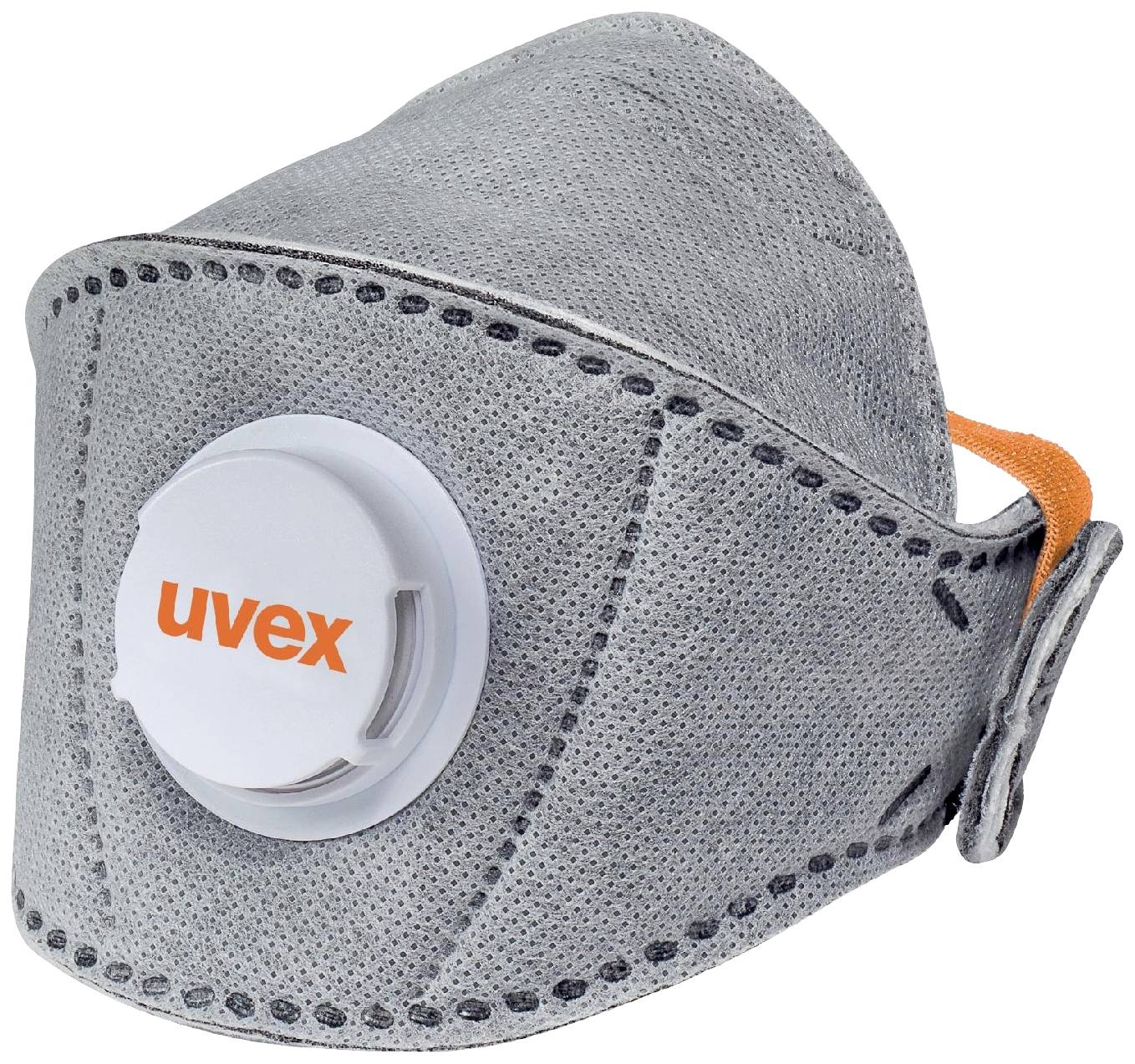 Masque respiratoire avec valve et logo 'uvex', gris, ergonomiquement façonné, offrant une protection contre la poussière et les particules.