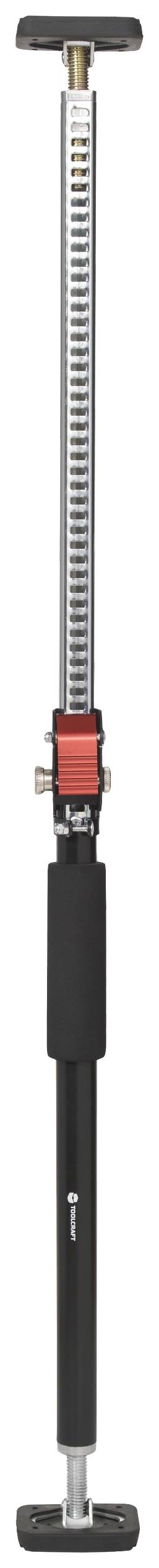 Une béquille en acier noir, réglable, avec un verrou rouge, adaptée à la stabilisation de structures ou de véhicules.