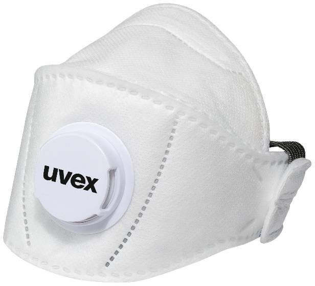 Masque de protection respiratoire blanc avec valve et bande élastique, portant la mention 'uvex' sur la valve. Adapté pour se protéger contre les particules et les aérosols.