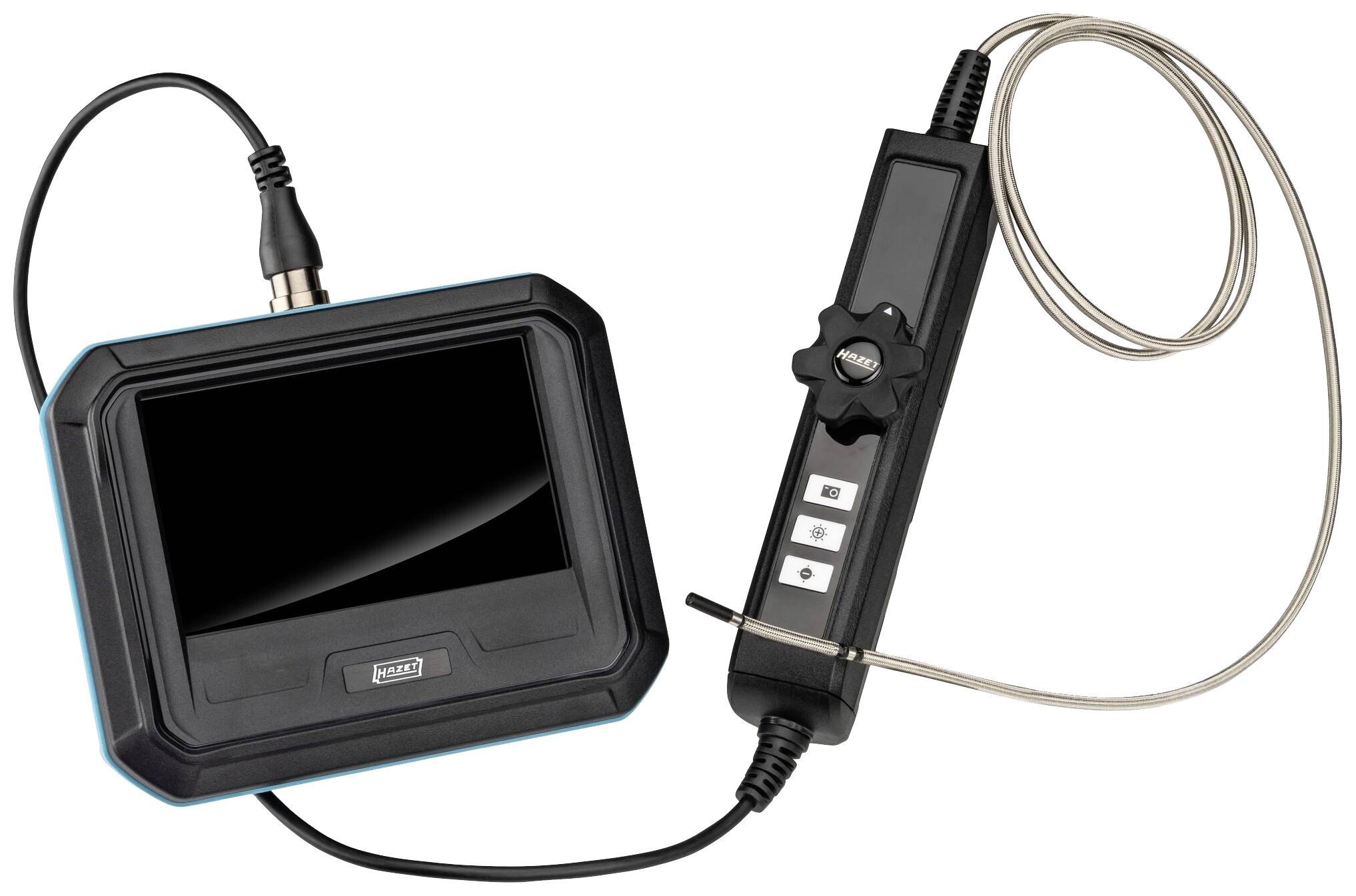 Un endoscope avec écran, unité de contrôle et caméra flexible reliée par câble. Outil typique pour les travaux d'inspection.