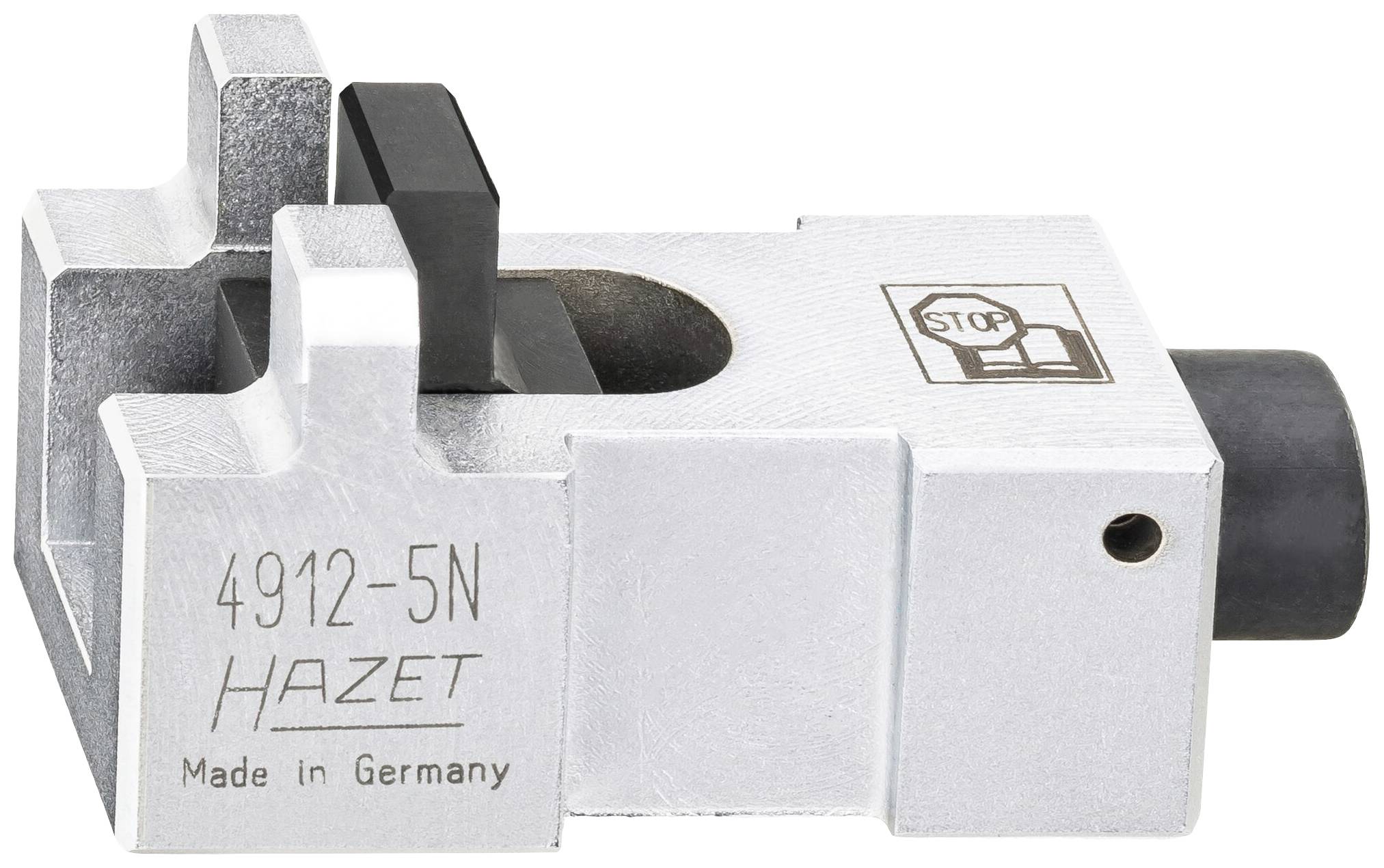 Un outil argenté portant l'inscription '4912-5N HAZET Made in Germany'. Il a une forme carrée et un lettrage de stop.