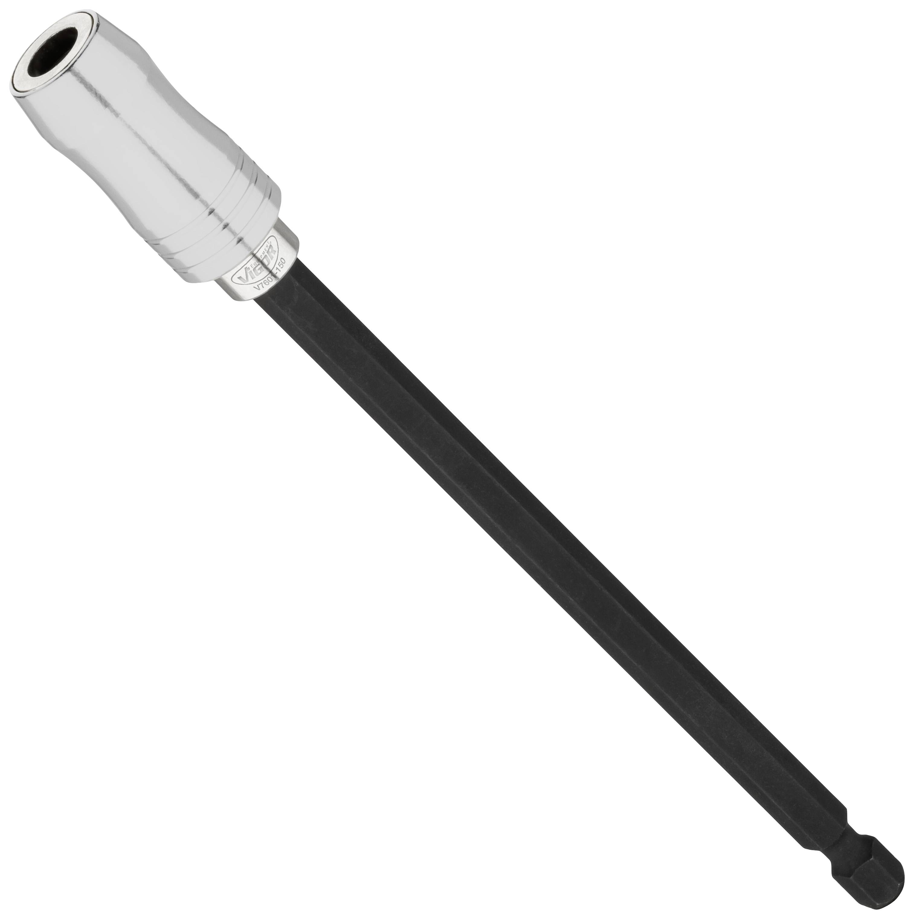 Ensemble de clés à douille argentées avec une tige longue et noire. Utilisé pour fixer des vis sur des perceuses ou des tournevis.