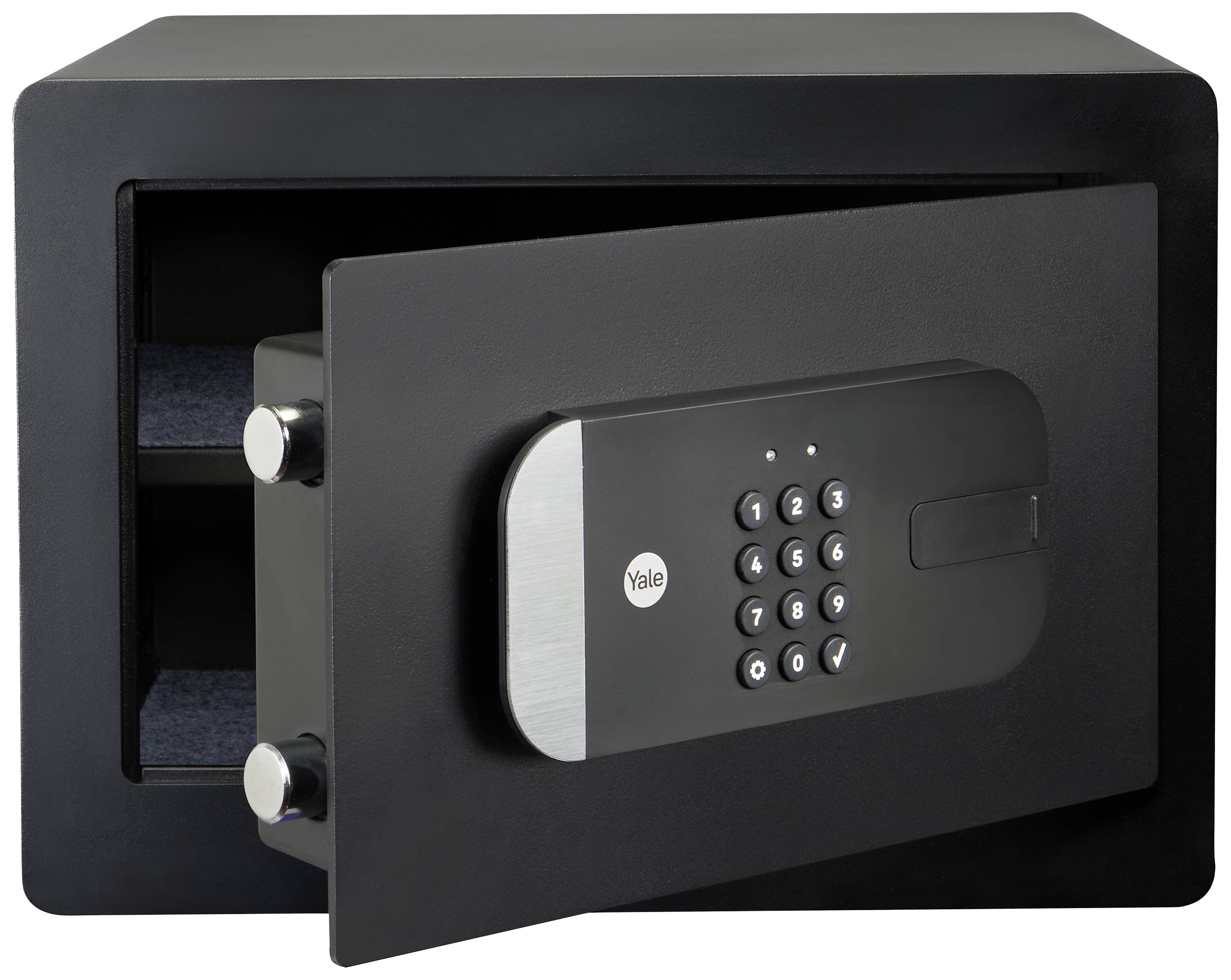 Un coffre-fort noir ouvert avec un clavier numérique digital sur la porte. La porte est légèrement entrouverte et montre deux étagères intérieures vides.
