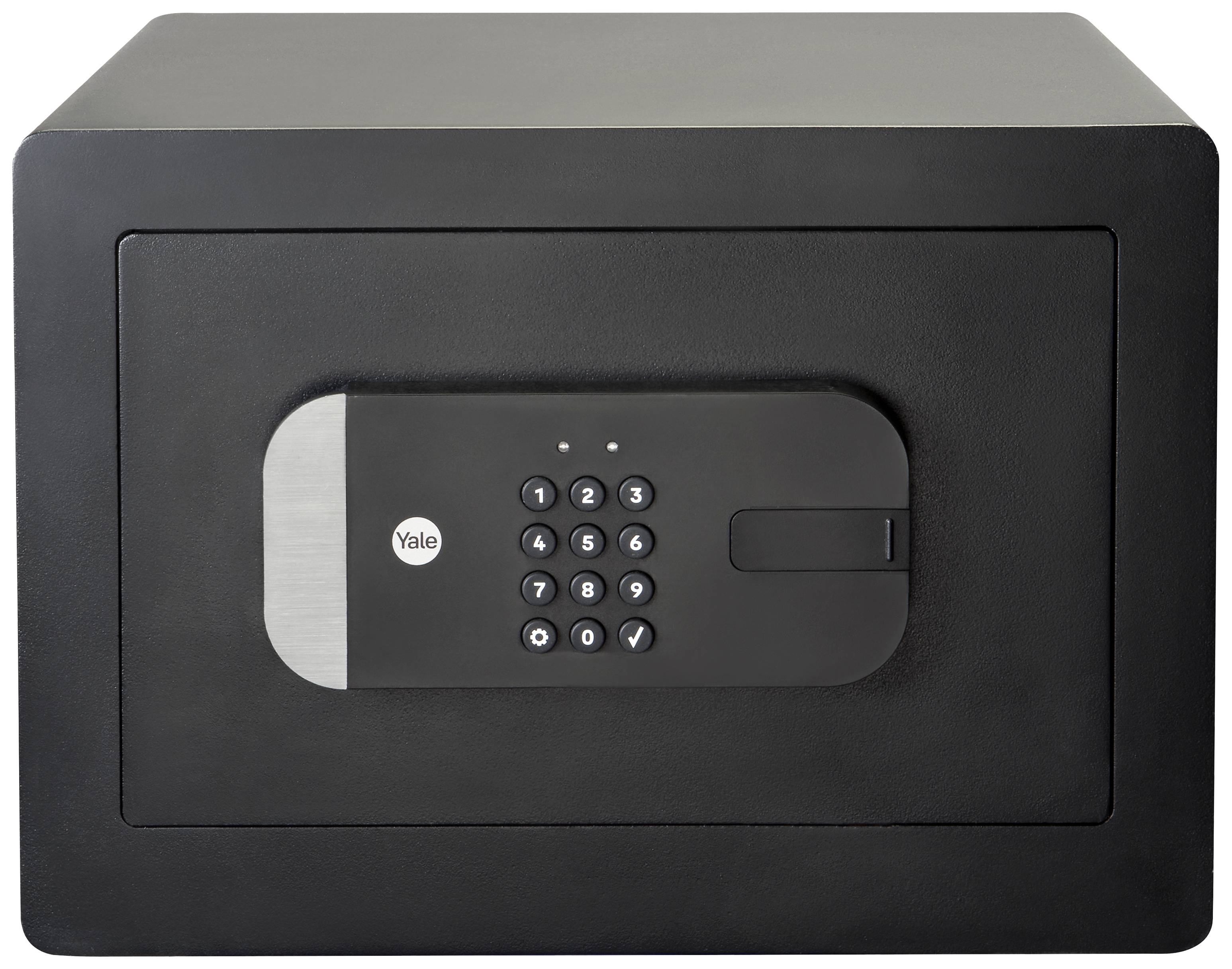Coffre-fort noir avec un pavé numérique digital au centre ; touches numériques de 0 à 9 visibles.