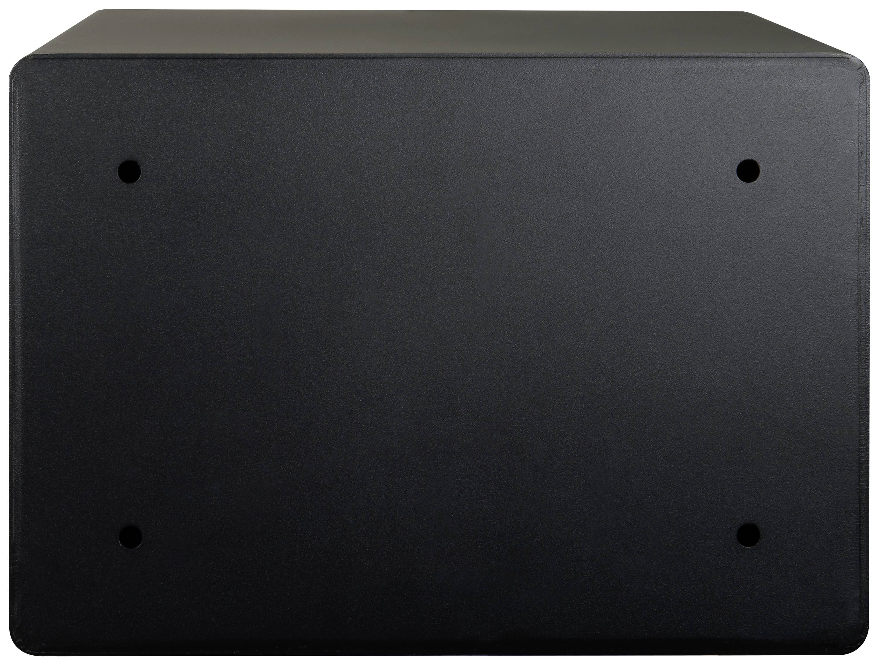 Une boîte métallique noire, rectangulaire, aux coins arrondis et percée de quatre trous, posée sur une surface lisse.