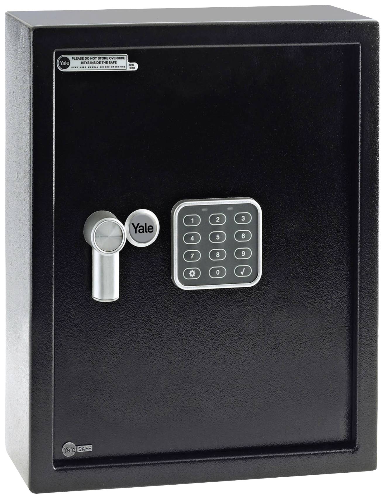 Un coffre-fort noir avec un verrou électronique à code et une poignée ronde. Aucun contenu visible.