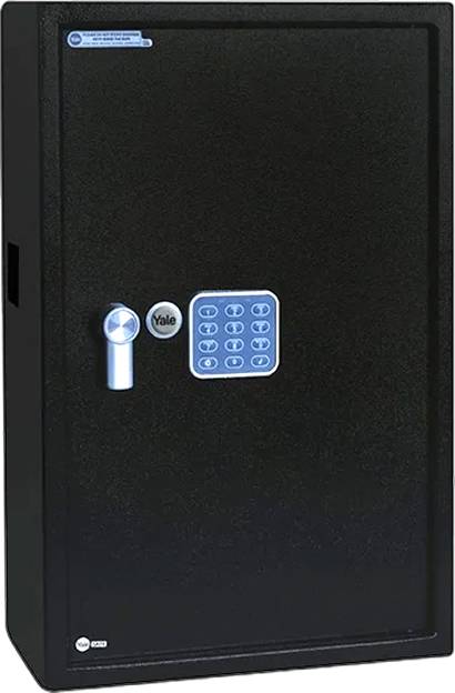 Ein schwarzer elektronischer Safe mit digitalem Tastaturfeld und Griff an der Vorderseite, der zum sicheren Aufbewahren von Wertsachen zu Hause oder im Büro verwendet wird.