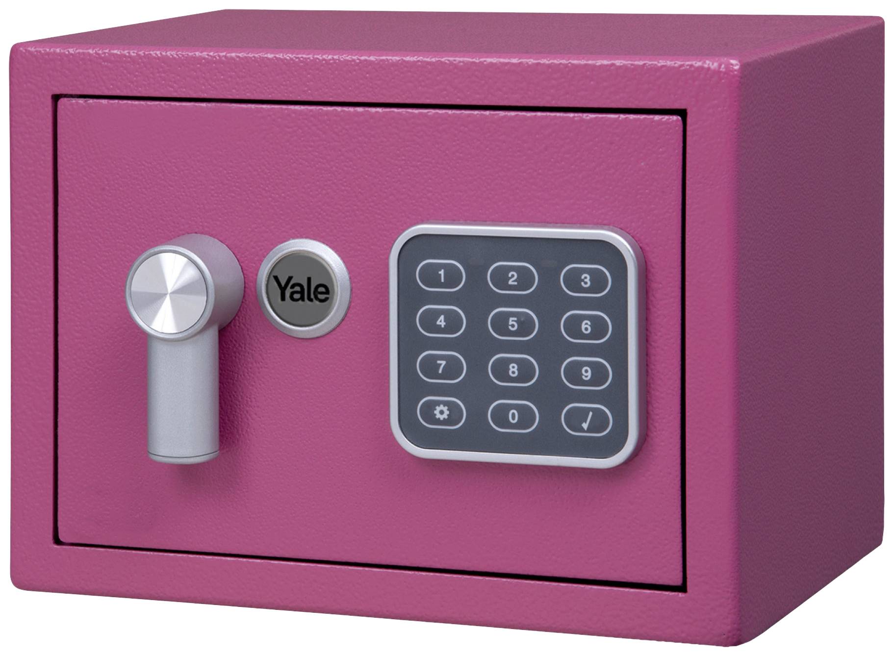 Un coffre-fort rose avec une serrure électronique à code et une poignée rotative sur le côté gauche.
