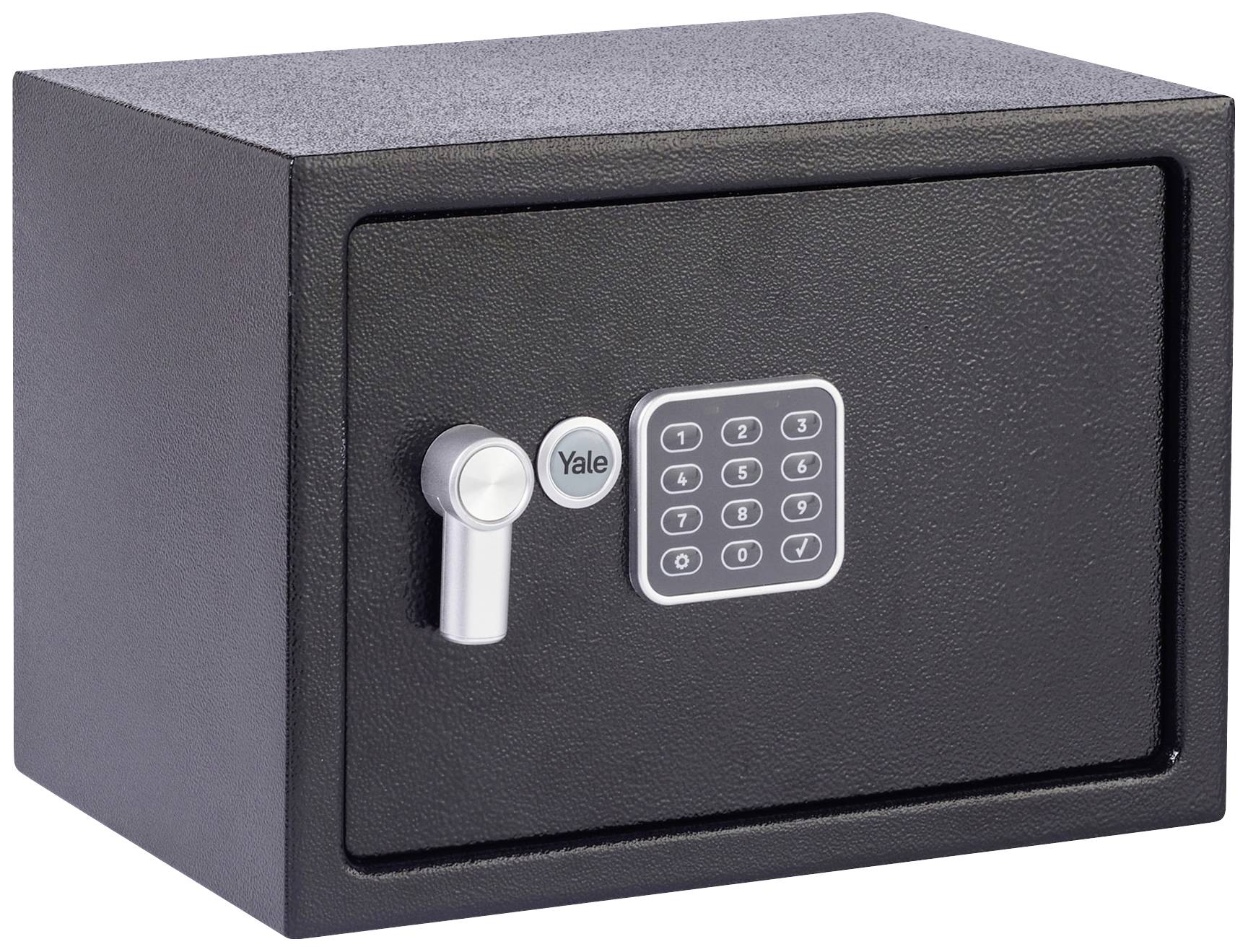 Coffre-fort noir avec pavé numérique digital et poignée de rotation. Adapté pour le rangement sécurisé des objets de valeur et des documents.